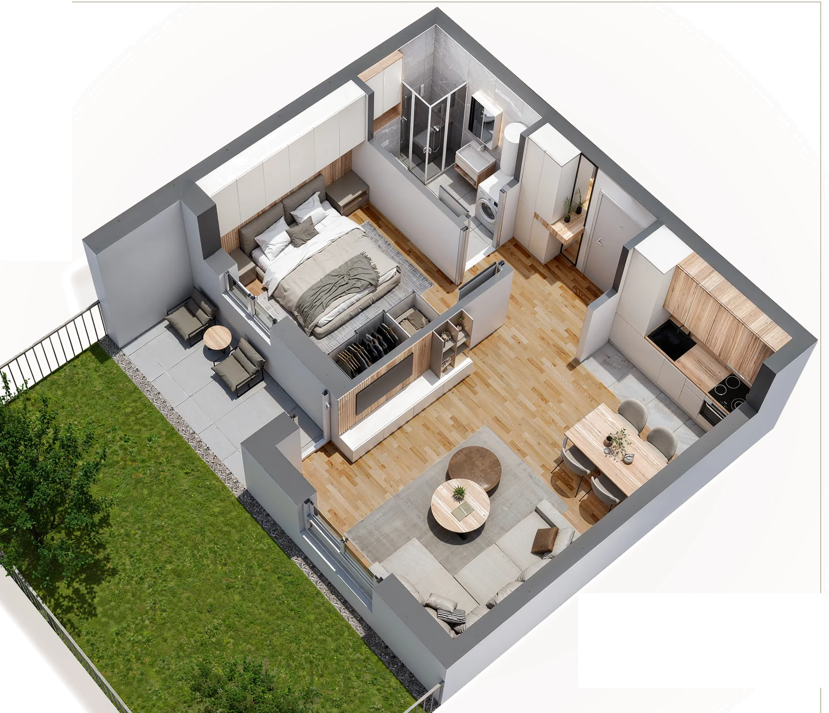 3D prikaz — Stan 1, jednosoban 38,40 m², suteren
