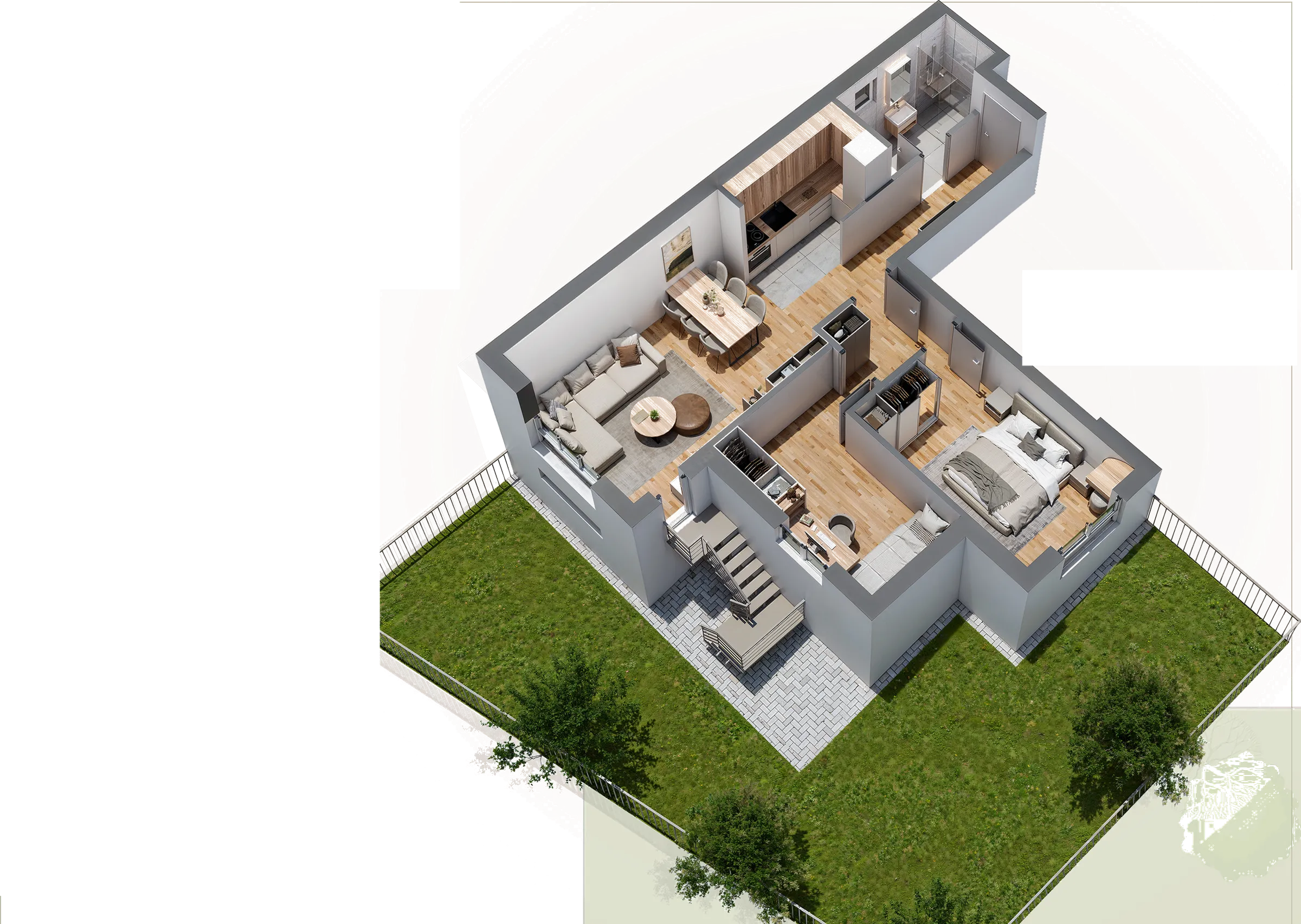 3D prikaz — Stan 2, dvosoban 58,22 m², suteren