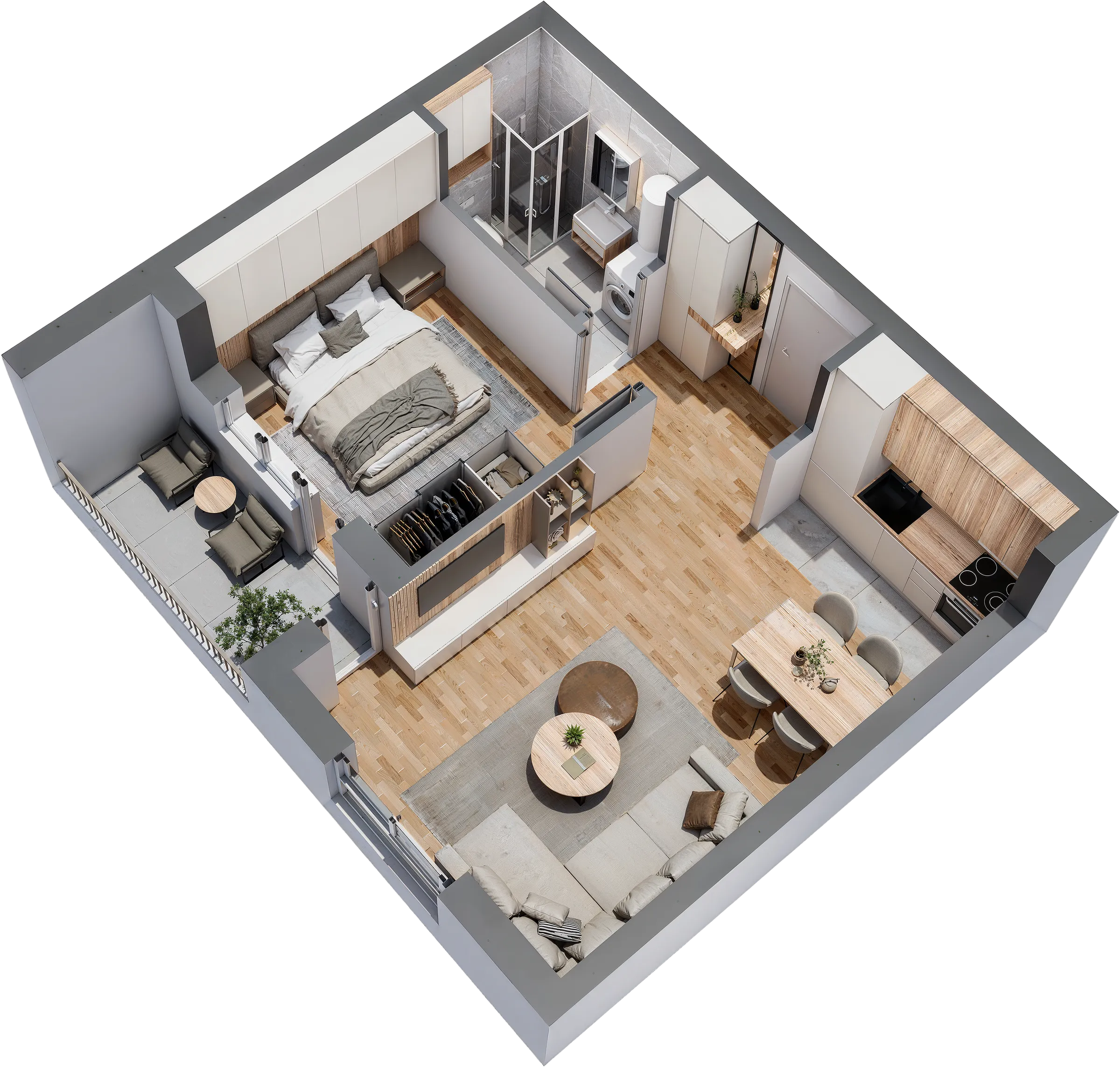 3D prikaz stana 3 — jednosoban, 42,92 m²