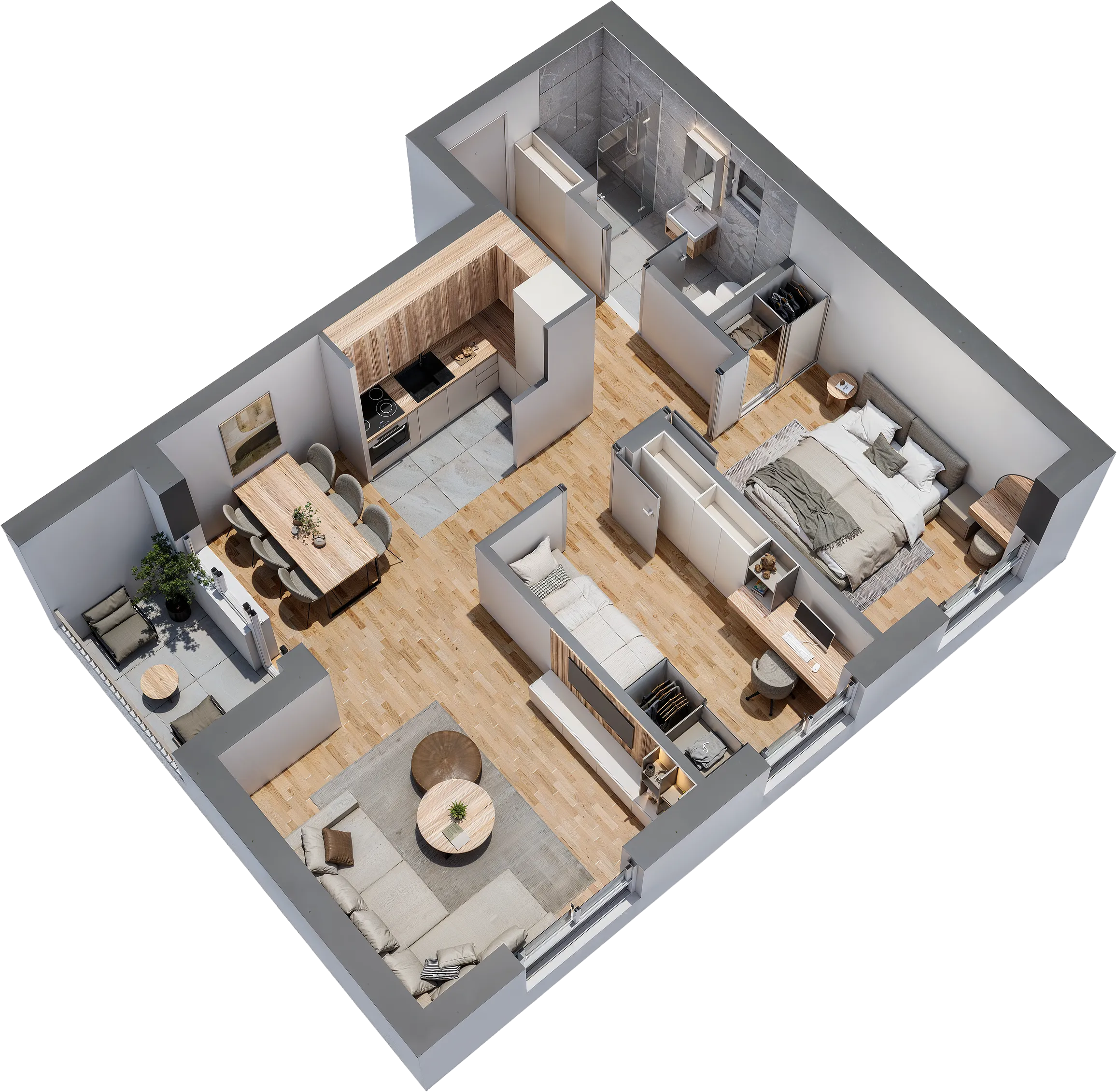 3D prikaz — Stan 5, dvosoban 58,86 m², i sprat