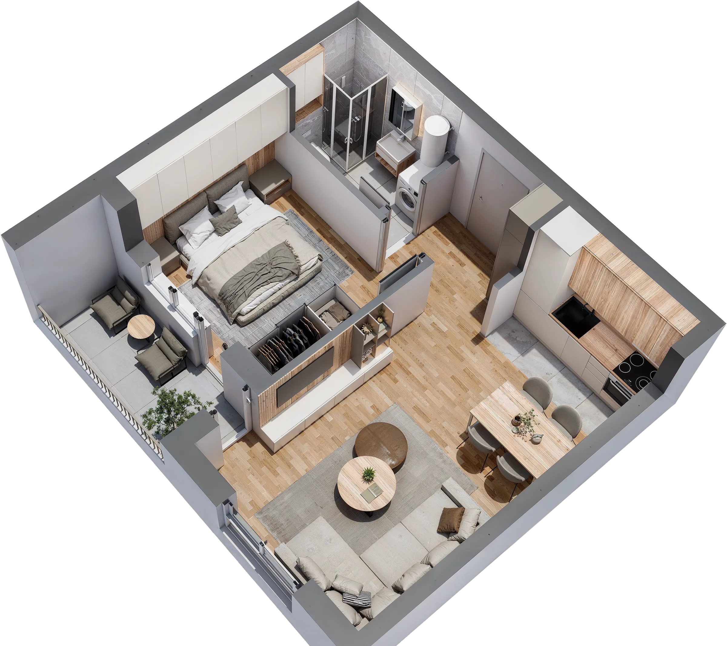 3D prikaz — Stan 6, jednosoban 41,83 m², i sprat