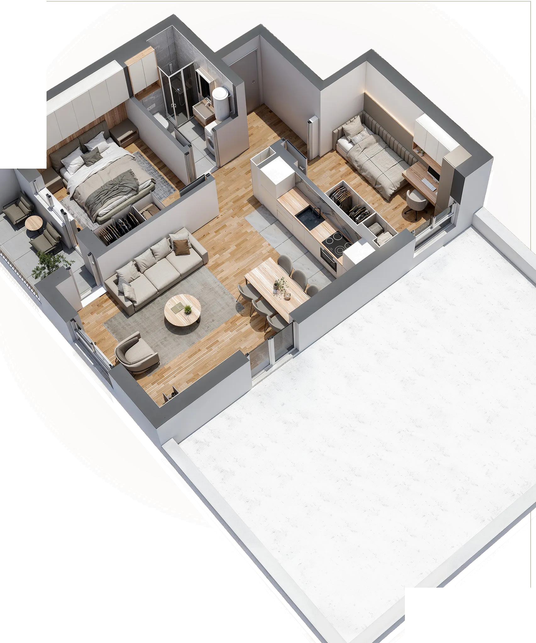 3D prikaz — Stan 17, dvosoban 58,07 m², iv sprat